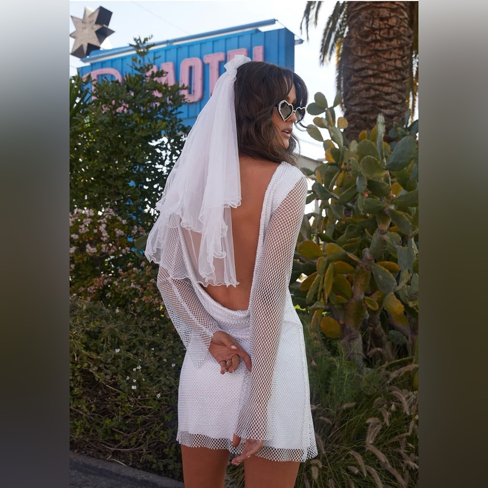 Anna White Rhinestone Mesh Mini Dress - 12th Tribe